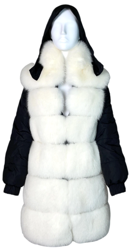 2000's Jean Paul Gaultier White Fox Fur Black Hooded Puffer Coat Jacket