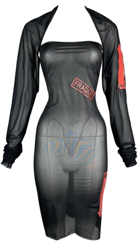 Vintage 1999 Jean Paul Gaultier Fragile Sheer Black Strapless Bodycon Stretch Dress & Shrug Top Set