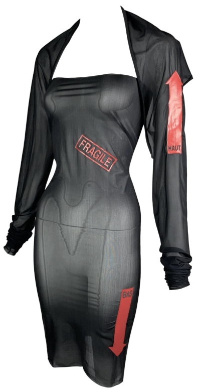 Vintage 1999 Jean Paul Gaultier Fragile Sheer Black Strapless Bodycon Stretch Dress & Shrug Top Set