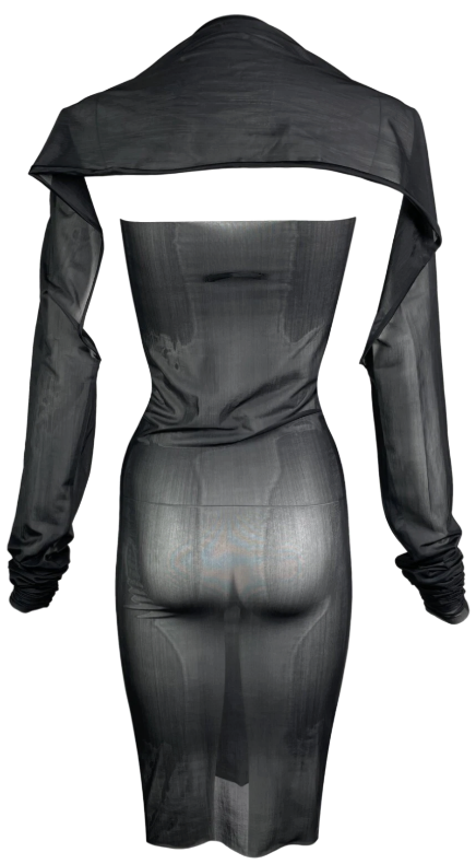 Vintage 1999 Jean Paul Gaultier Fragile Sheer Black Strapless Bodycon Stretch Dress & Shrug Top Set