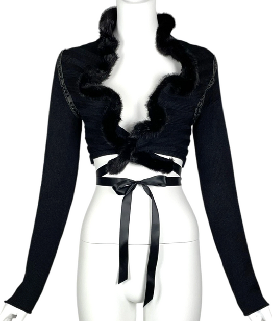 2004 Roberto Cavalli Black Knit Wrap Crop Top w Mink Fur Trim