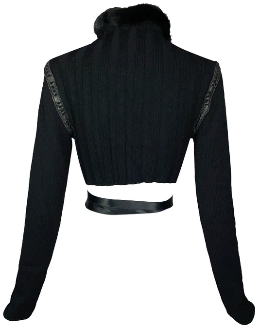2004 Roberto Cavalli Black Knit Wrap Crop Top w Mink Fur Trim