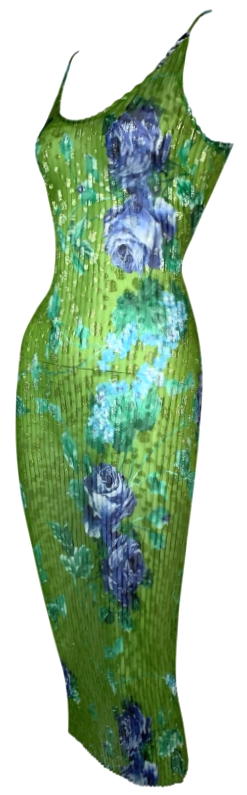 F/W 2000 Dolce & Gabbana Runway 1930's Style Pleated Sheer Green Floral Pleated Bodycon Dress