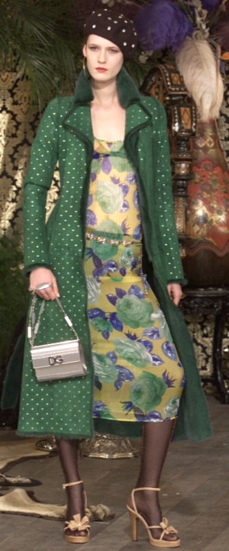 F/W 2000 Dolce & Gabbana Runway 1930's Style Pleated Sheer Green Floral Pleated Bodycon Dress