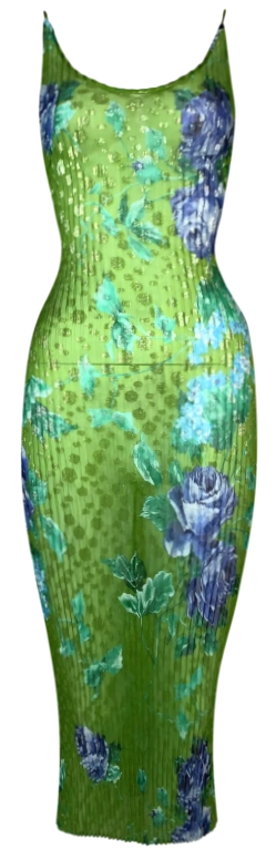 F/W 2000 Dolce & Gabbana Runway 1930's Style Pleated Sheer Green Floral Pleated Bodycon Dress