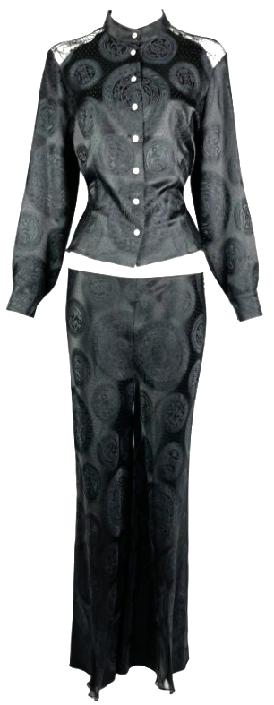 F/W 2002 John Galliano Black Silk Cheongsam Chinoiserie Sheer Lace Blouse Pant Suit Set