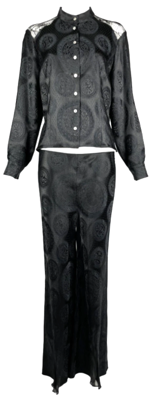 F/W 2002 John Galliano Black Silk Cheongsam Chinoiserie Sheer Lace Blouse Pant Suit Set