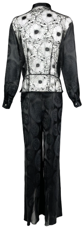 F/W 2002 John Galliano Black Silk Cheongsam Chinoiserie Sheer Lace Blouse Pant Suit Set