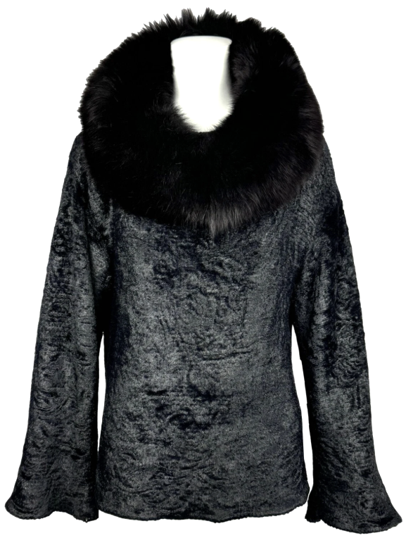 F/W 2003 Christian Dior x John Galliano Black Fuzzy Sweater Tunic w Wide Fox Fur Collar
