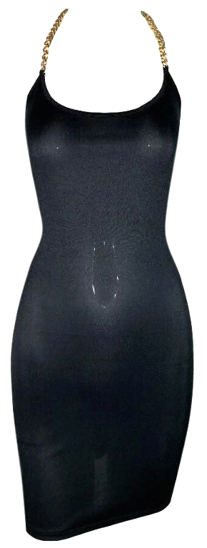 NWT Vintage 1990's Dolce & Gabbana Semi-Sheer Black Bodycon Gold Chain Halter Mini Dress