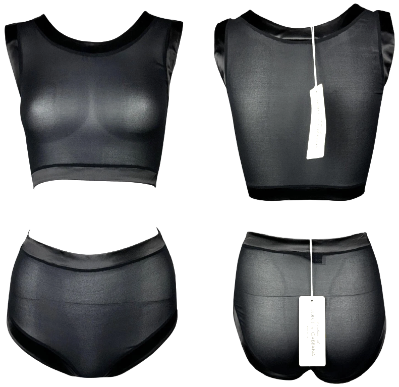 NWT Vintage 1990's Dolce & Gabbana Pin-Up Sheer Black Silk Crop Top & High Waist Bottoms Set