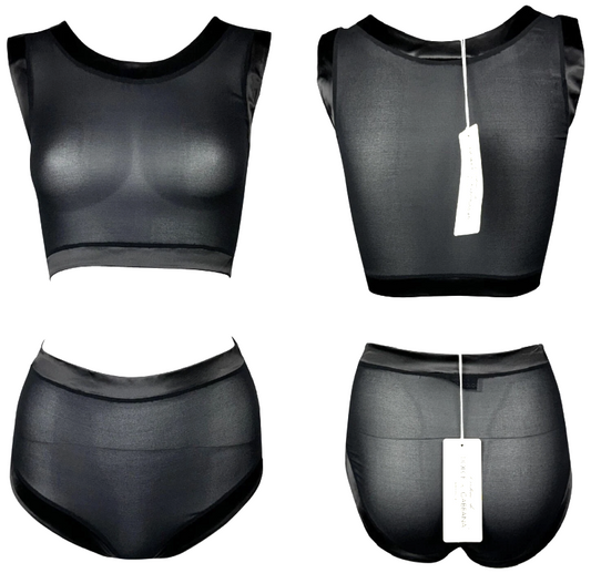 NWT Vintage 1990's Dolce & Gabbana Pin-Up Sheer Black Silk Crop Top & High Waist Bottoms Set