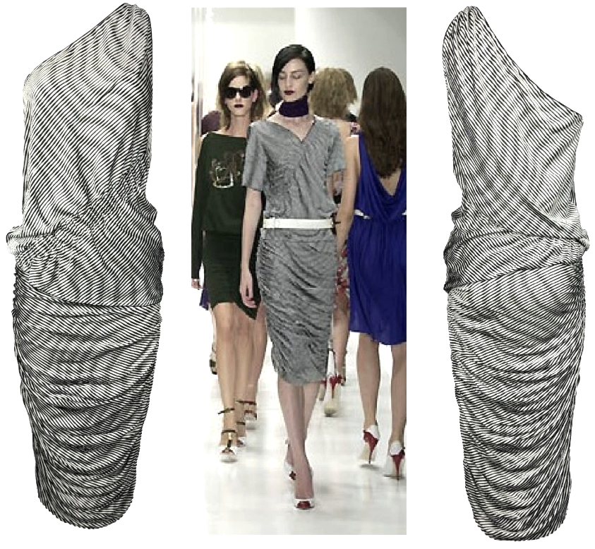 S/S 2001 Fendi x Karl Lagerfeld Runway Black White Striped Ruched Asymmetrical One Shoulder Top & Skirt Set