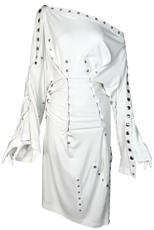 S/S 2003 Dolce & Gabbana Runway White Snap Up Off Shoulder Adjustable Dress