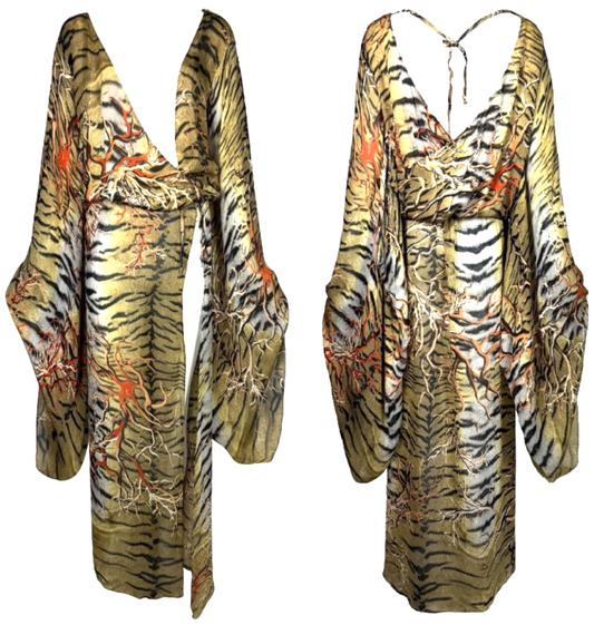S/S 2005 Roberto Cavalli Runway Sheer Silk Plunging Tiger Kimono Dress
