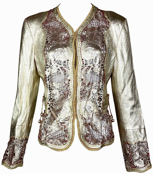 S/S 2007 Roberto Cavalli Gold & Red Laser Cut Leather Dragon Jacket M/L