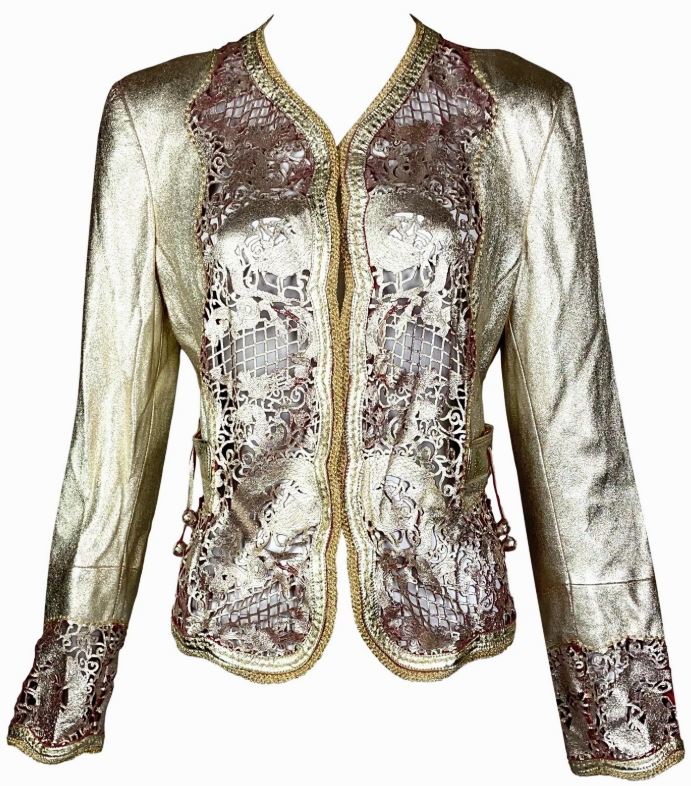 S/S 2007 Roberto Cavalli Gold & Red Laser Cut Leather Dragon Jacket 38