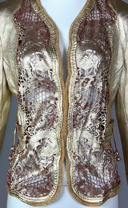 S/S 2007 Roberto Cavalli Gold & Red Laser Cut Leather Dragon Jacket 38