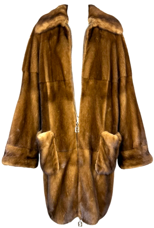 Vintage 1990's Fendi x Karl Lagerfeld Baggy Cocoon Golden Mink Fur Midi Coat