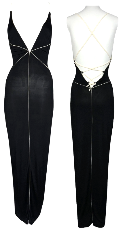 Vintage 1990's Fendi x Karl Lagerfeld Plunging Black Bodycon Plunging Corset Maxi Dress