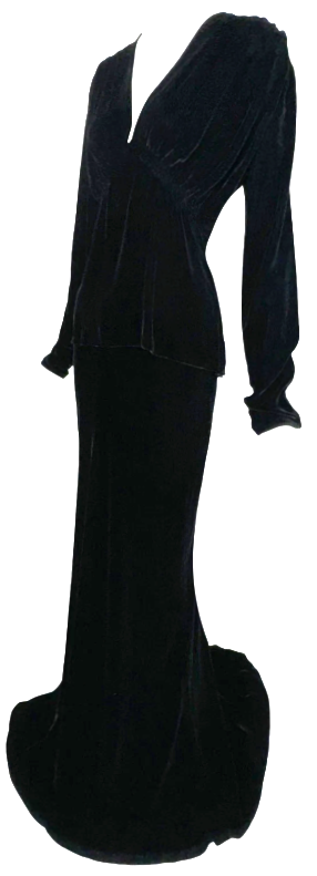 Vintage 1990's Ralph Lauren Collection Black Velvet Victorian Goth Morticia Set Dress w Train