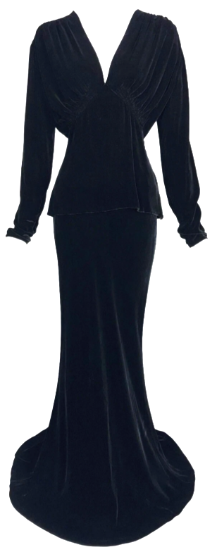 Vintage 1990's Ralph Lauren Collection Black Velvet Victorian Goth Morticia Set Dress w Train
