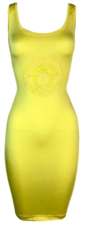 Vintage S/S 1996 Gianni Versace Neon Yellow Medusa Logo Bodycon Mini Dress