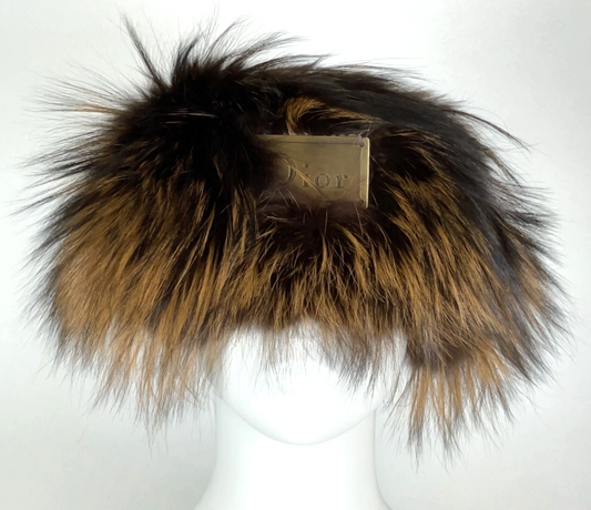 2004 Christian Dior x John Galliano Large Fox Fur Headband Wrap w Logo Metal Plate