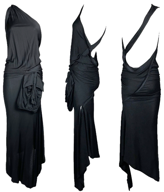 2000's Jean Paul Gaultier One Shoulder Grecian Black Backless Plunging Maxi Dress