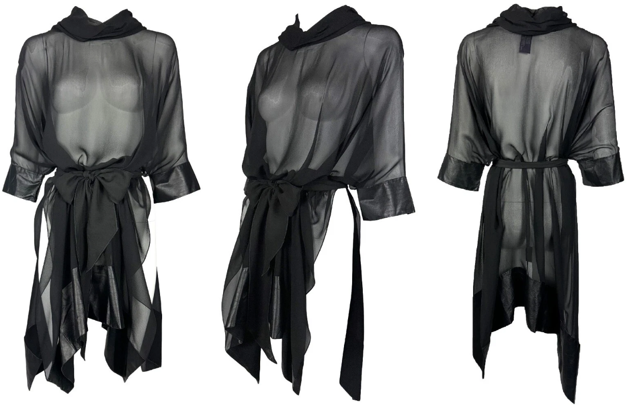 2000's Ralph Lauren Collection Purple Label Sheer Black Silk & Leather Tunic High Double Slits Mini Dress