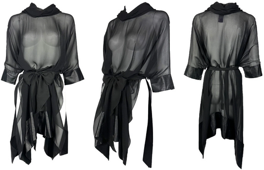2000's Ralph Lauren Collection Purple Label Sheer Black Silk & Leather Tunic High Double Slits Mini Dress