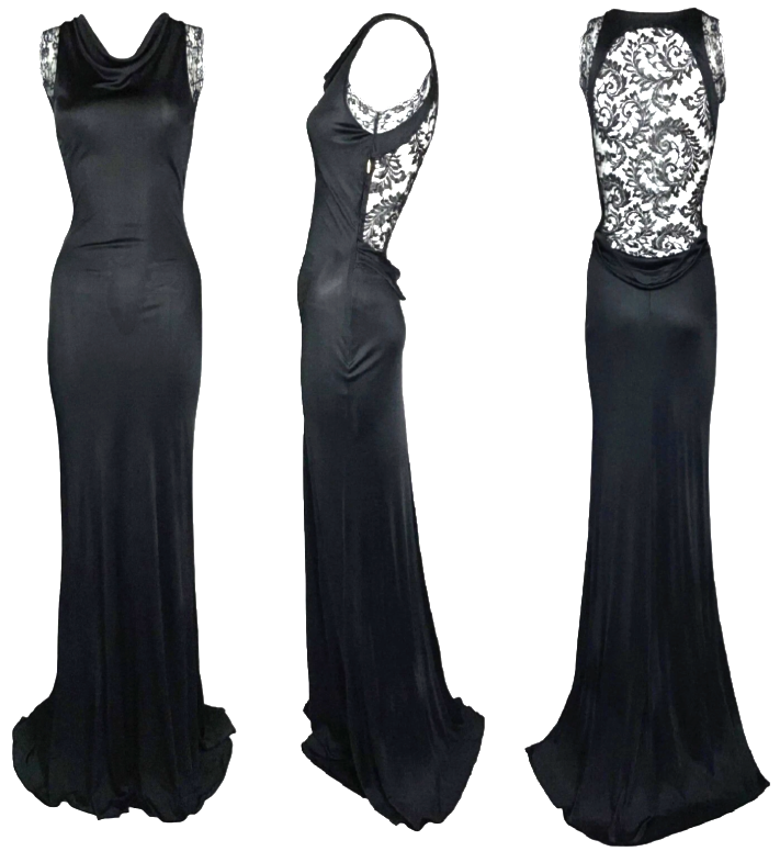 F/W 2006 Roberto Cavalli Slinky Black Sheer Lace Back Gown Mermaid Maxi Dress