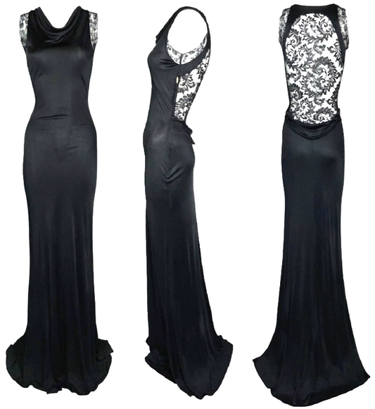 F/W 2006 Roberto Cavalli Slinky Black Sheer Lace Back Gown Mermaid Maxi Dress