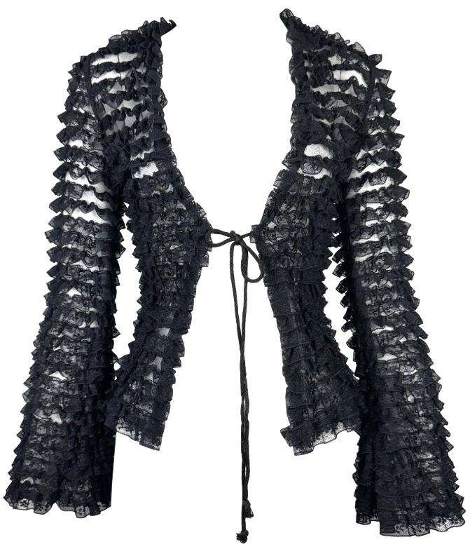 Vintage 1990's Dolce & Gabbana Sheer Black Lace Ruffle Victorian Goth Tie Front Top Jacket
