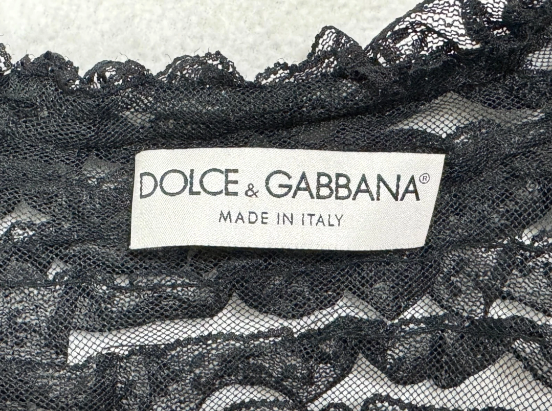 Vintage 1990's Dolce & Gabbana Sheer Black Lace Ruffle Victorian Goth Tie Front Top Jacket