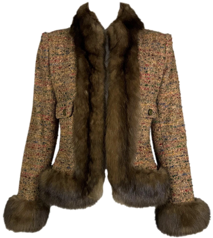 Vintage 1960's Givenchy Haute Couture Classic Fitted Brown Tweed Sable Fur Jacket Blazer