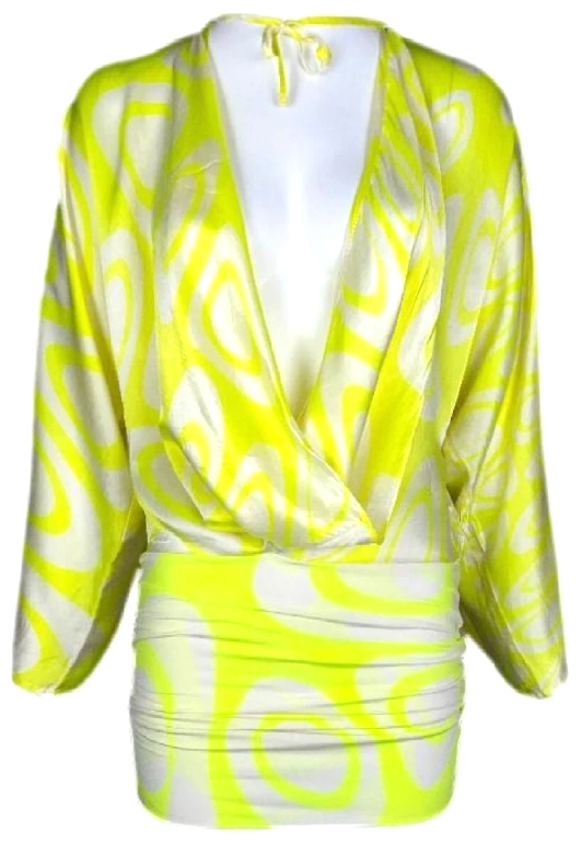 S/S 2001 Roberto Cavalli Runway Plunging Neon Yellow & White Mini Dress
