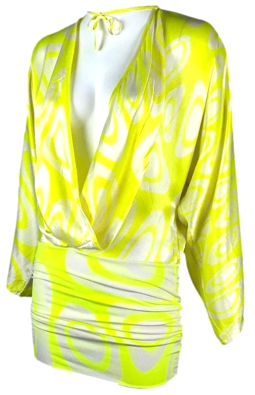 S/S 2001 Roberto Cavalli Runway Plunging Neon Yellow & White Mini Dress