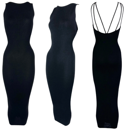 Vintage 1990's Dolce & Gabbana Black Strappy 1950's Pin-Up Bodycon Wiggle Maxi Dress