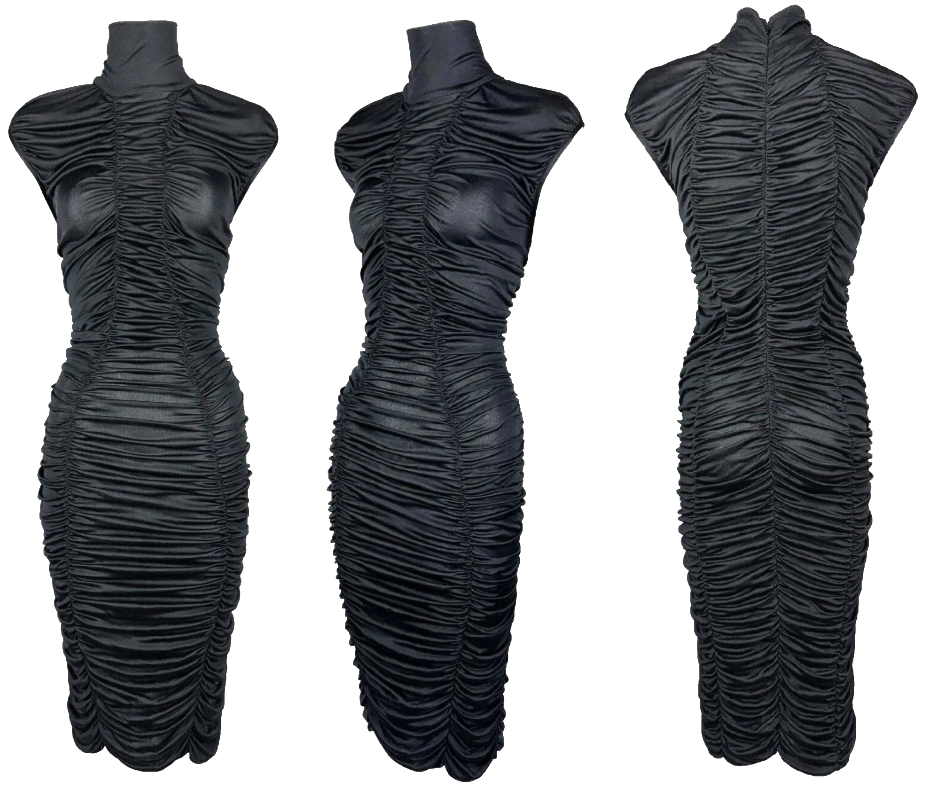 Vintage 1990's Dolce & Gabbana Semi-Sheer Black High Neck Ruched Pin-Up Wiggle Dress