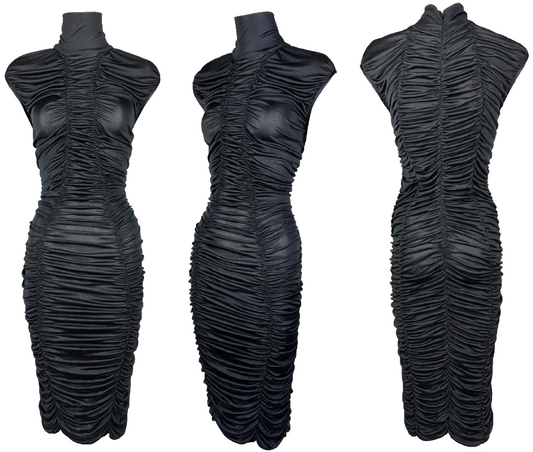 Vintage 1990's Dolce & Gabbana Semi-Sheer Black High Neck Ruched Pin-Up Wiggle Dress