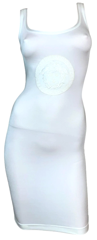 Vintage S/S 1996 Gianni Versace Pearl Ivory Nylon Bodycon Mini Dress Medusa Logo 38