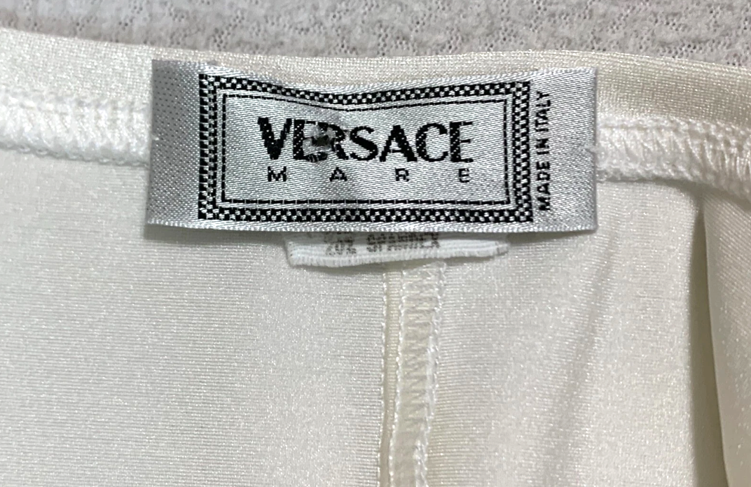 Vintage S/S 1996 Gianni Versace Pearl Ivory Nylon Bodycon Mini Dress Medusa Logo 38