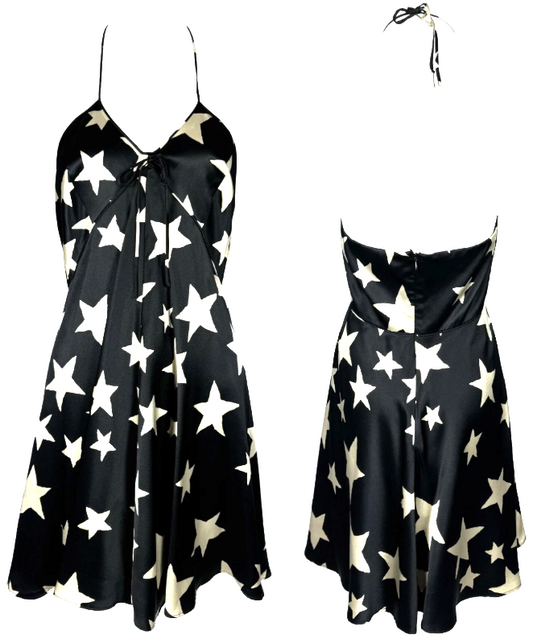 Vintage S/S 1995 Dolce & Gabbana Black & White Star Print Silk Halter Mini Dress