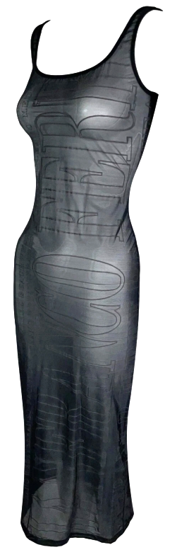 Vintage 1990's Gianfranco Ferre Sheer Black Logo Monogram Bodycon Maxi Dress