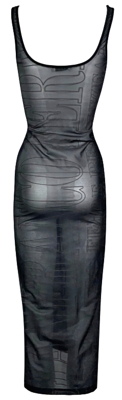 Vintage 1990's Gianfranco Ferre Sheer Black Logo Monogram Bodycon Maxi Dress