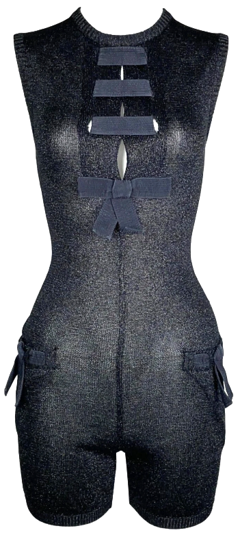 Vintage 1992 Gianni Versace Sheer Black Lolita Pin-Up Bow Detail Knit Romper Jumpsuit