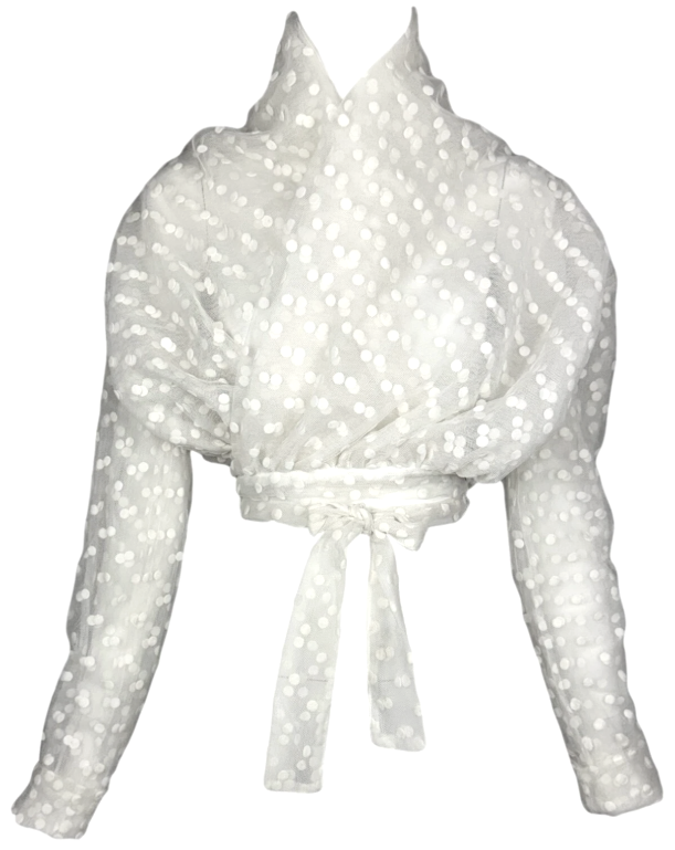 Vintage S/S 1992 Dolce & Gabbana Sheer White Polka Dot Tulle Wrap L/S Crop Top Jacket