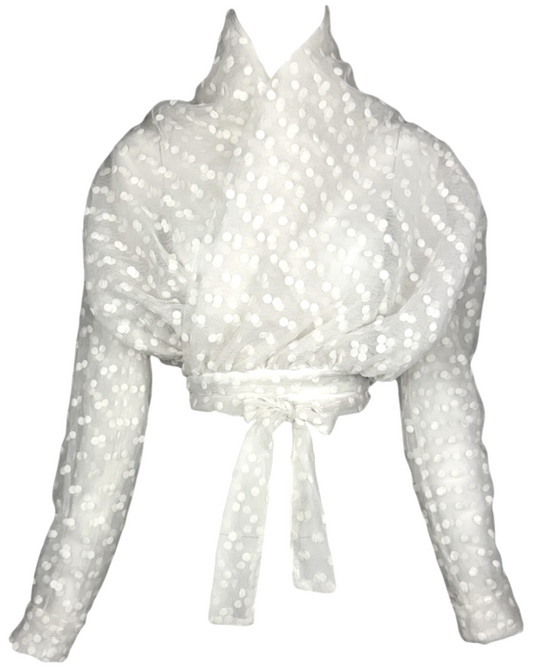Vintage S/S 1992 Dolce & Gabbana Sheer White Polka Dot Tulle Wrap L/S Crop Top Jacket