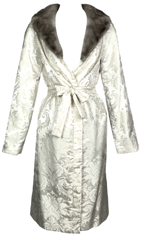 Vintage F/W 1998 Dolce & Gabbana 1950's Old Hollywood Ivory Silk Brocade Fitted Jacket w Fur Collar